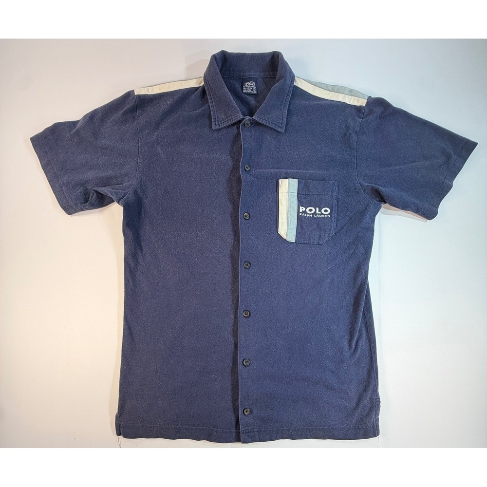 Polo Ralph Lauren Mens Large Navy Blue Cotton Jersey Striped Pocket Button Down